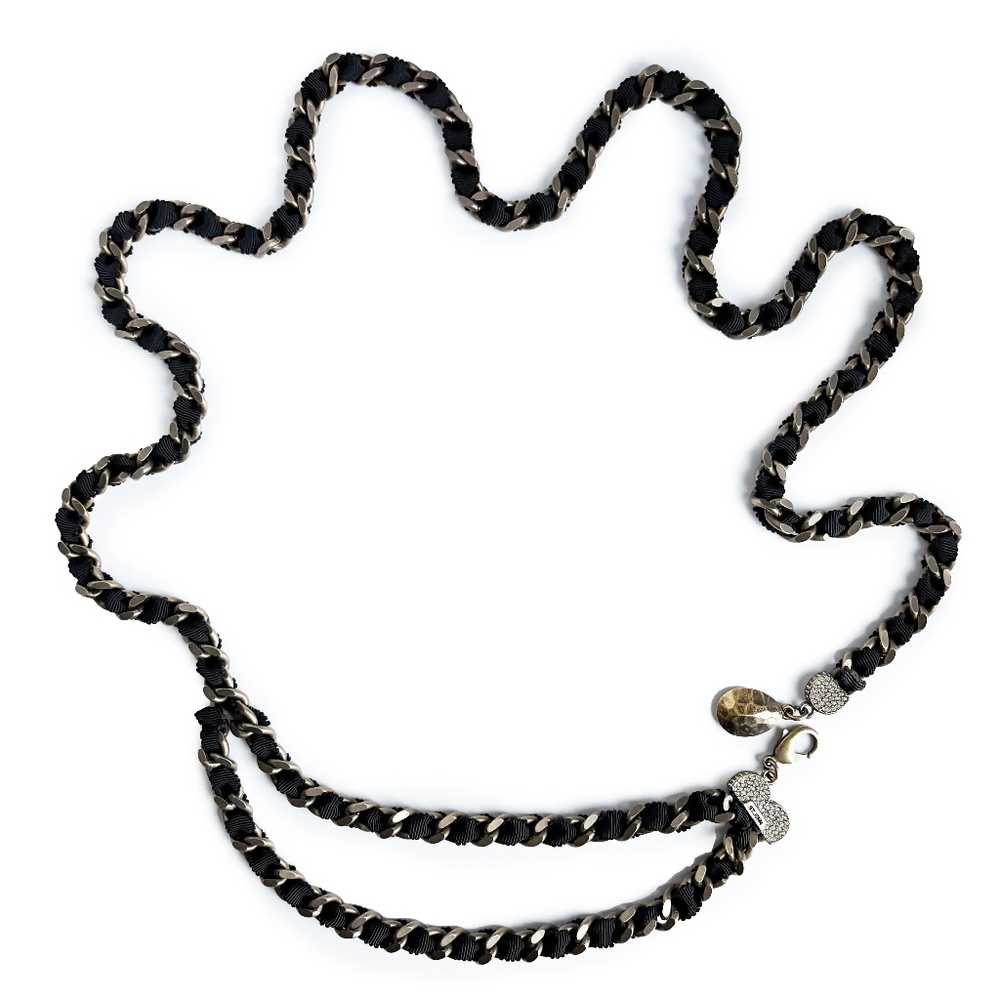 St John Chain Belt Black Ribbon and Bronze Metal Chain Rhinestones OSFM Vintage